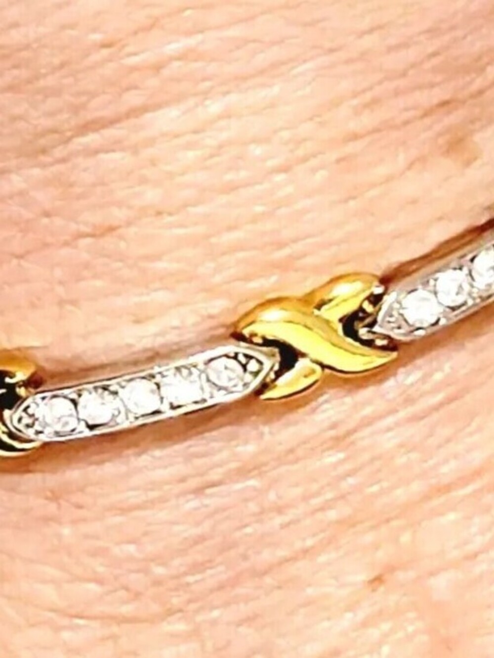 Vintage Two Tone‎ Rhinestone Bracelet Bar Links Gold Silver Tone X Motifs 7.5"
